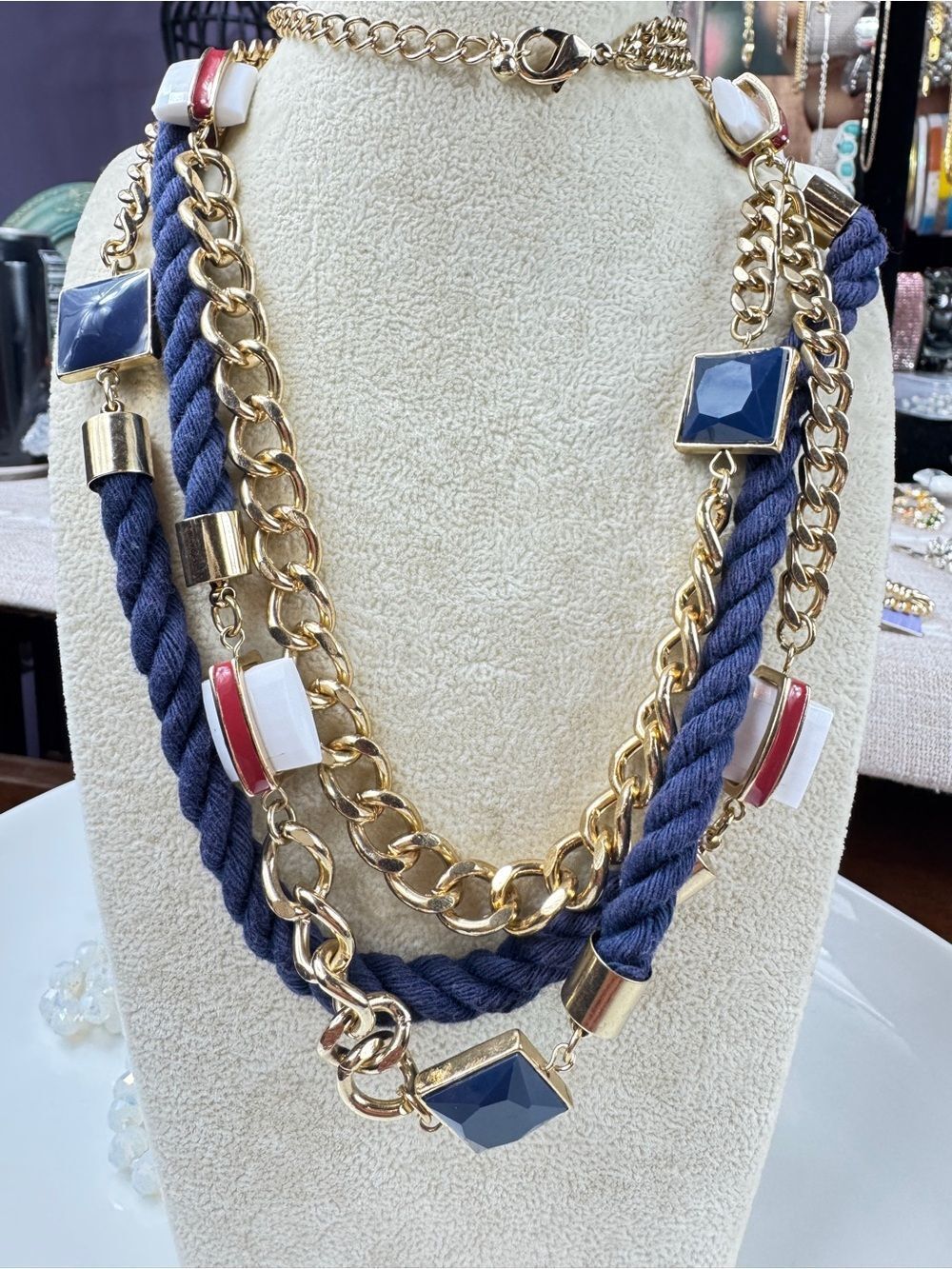 Navy Rope and Gold Chain Multi-Strand Necklace with White & Red Accents